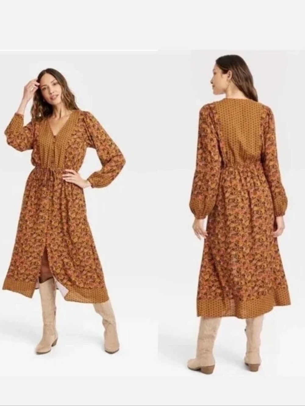 Folk Ditsy Floral Button Prairie Boho Flowy Ocre/Mustard/ Carmel Midi Dress Sz M